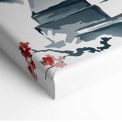 Mount Fuji Japanese garden canvas wall art with stylized red and pink cherry blossoms and gray mountain silhouettes
