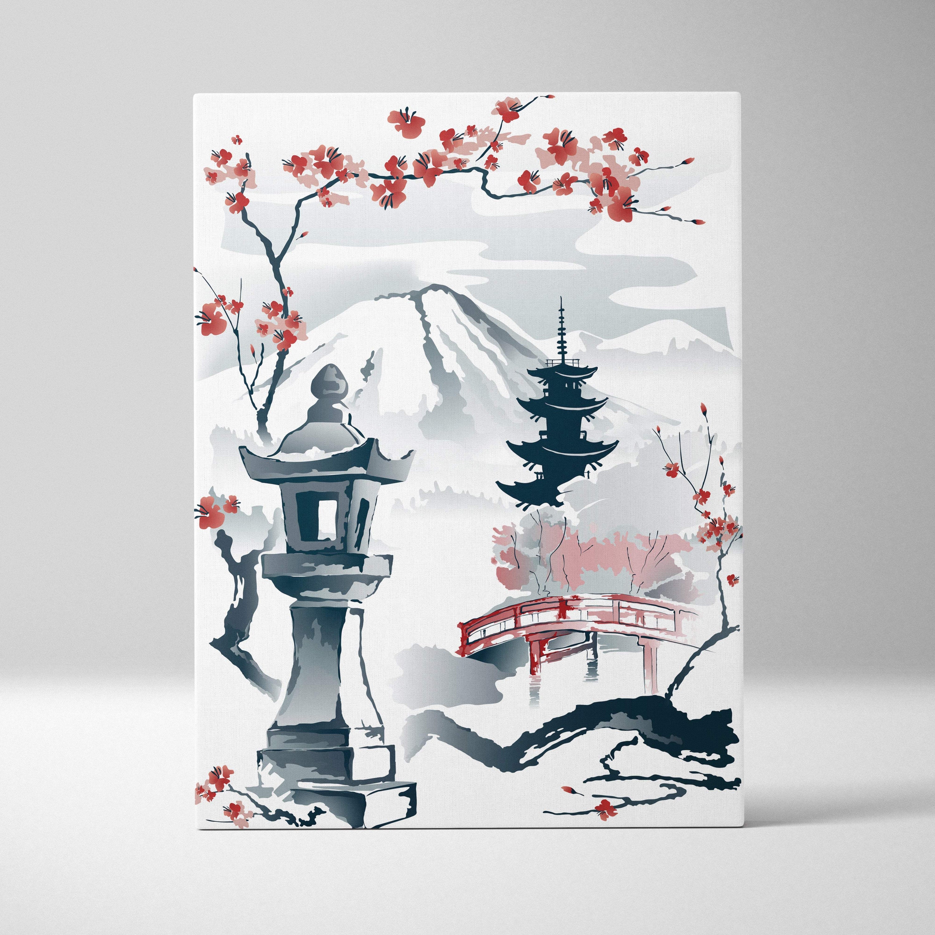 Mount fuji japanese garden canvas wall art with red cherry blossoms stone lantern and grayscale landscape decor
