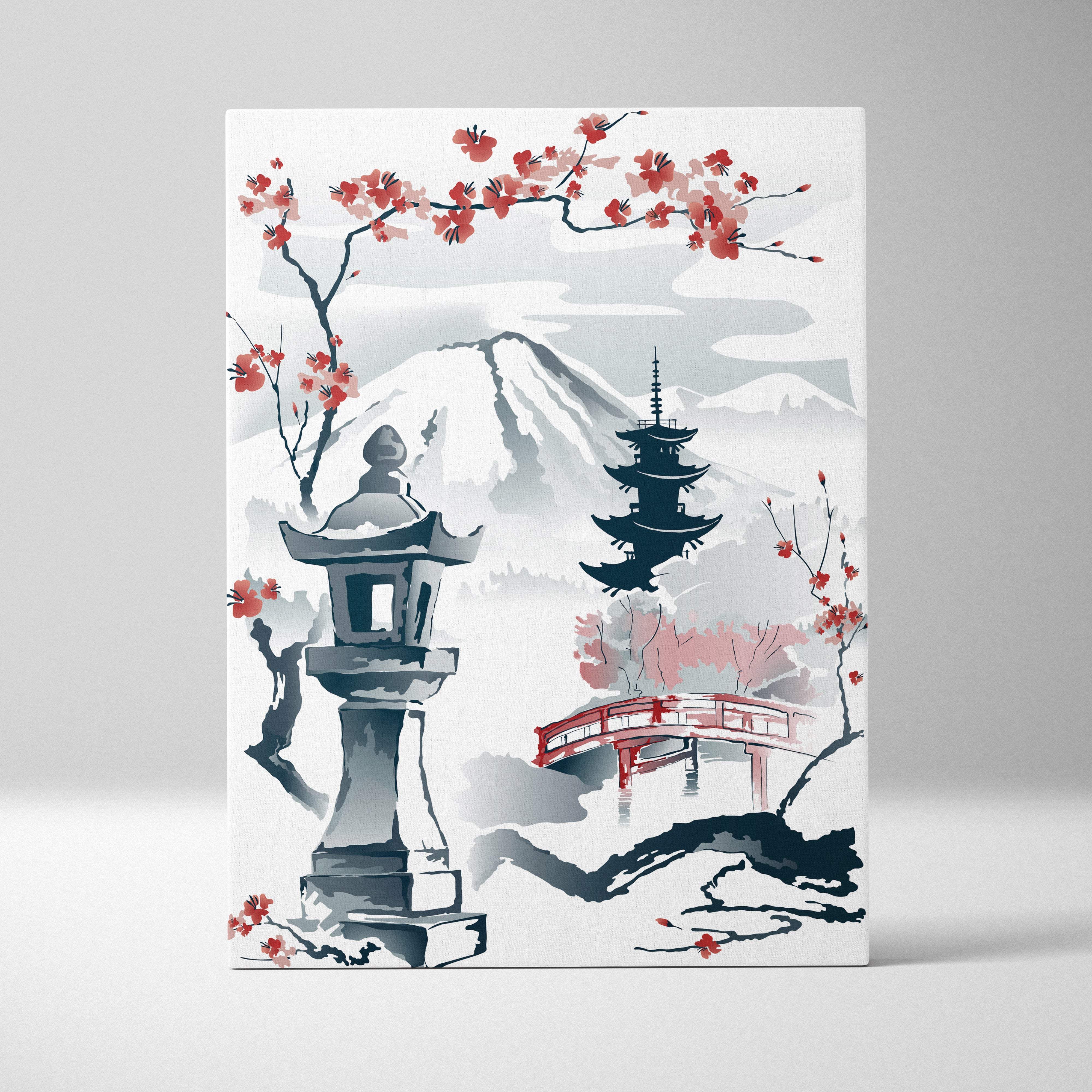 Mount fuji japanese garden canvas wall art with red cherry blossoms stone lantern and grayscale landscape decor