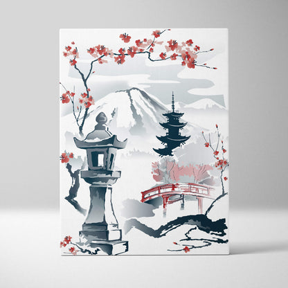 Mount fuji japanese garden canvas wall art with red cherry blossoms stone lantern and grayscale landscape decor