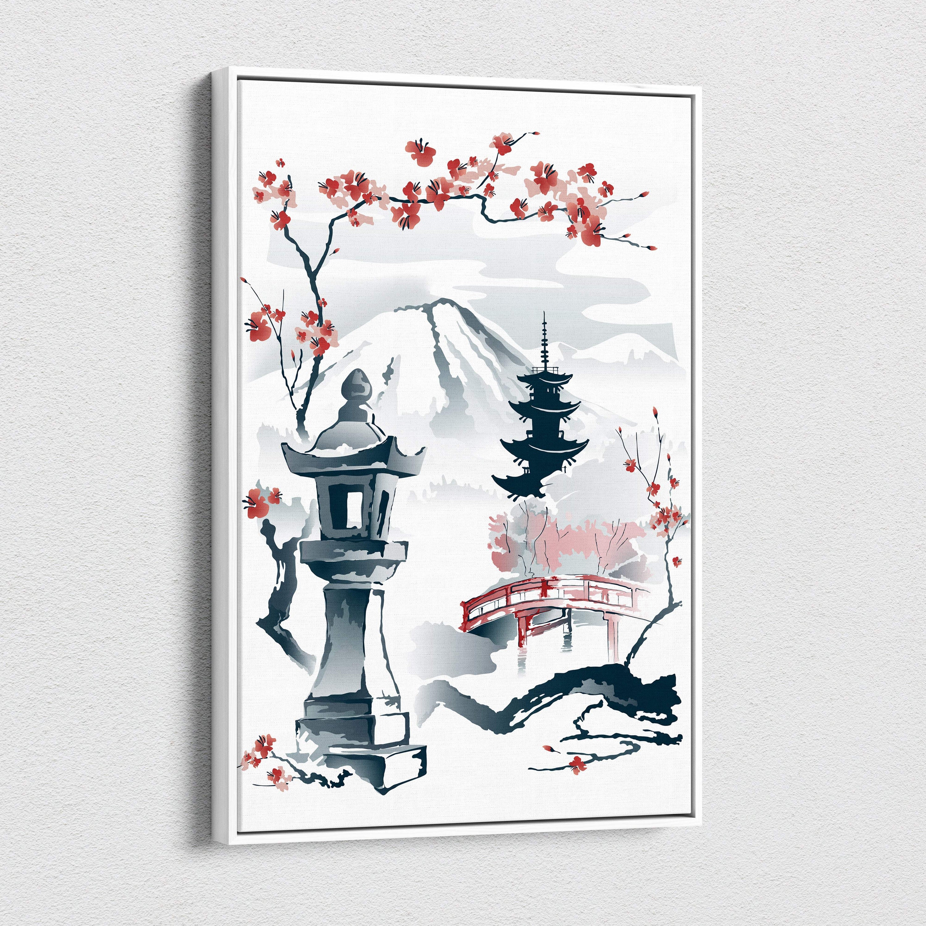 A framed canvas print of mount fuji japanese garden with red cherry blossoms pagoda in soft watercolor hues