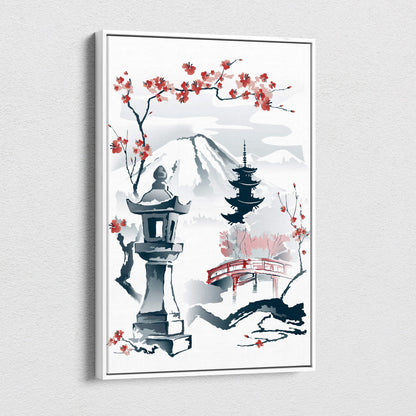 A framed canvas print of mount fuji japanese garden with red cherry blossoms pagoda in soft watercolor hues