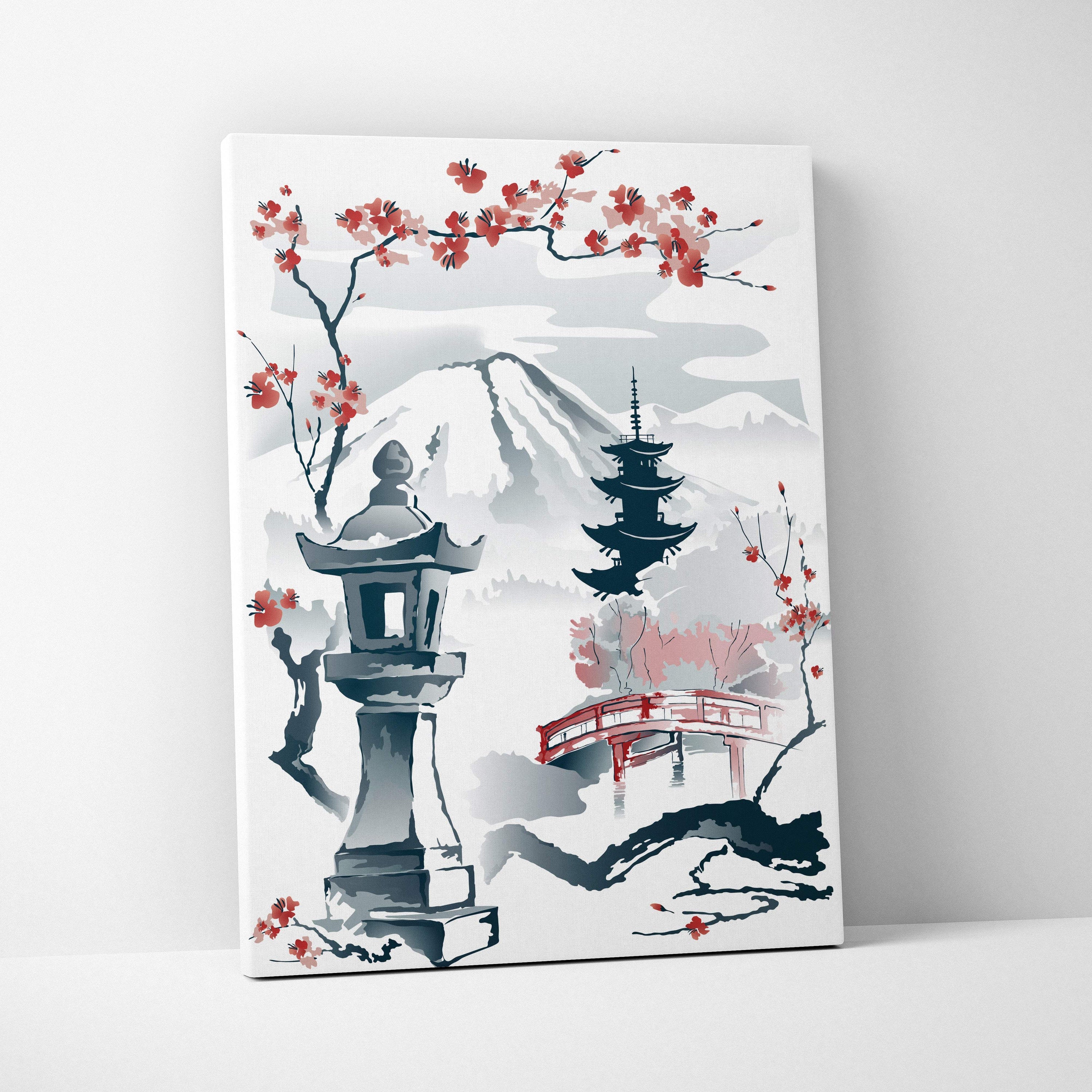 Minimalist canvas wall art featuring mount fuji japanese garden with red cherry blossoms and pagoda in soft gray black and pink hues