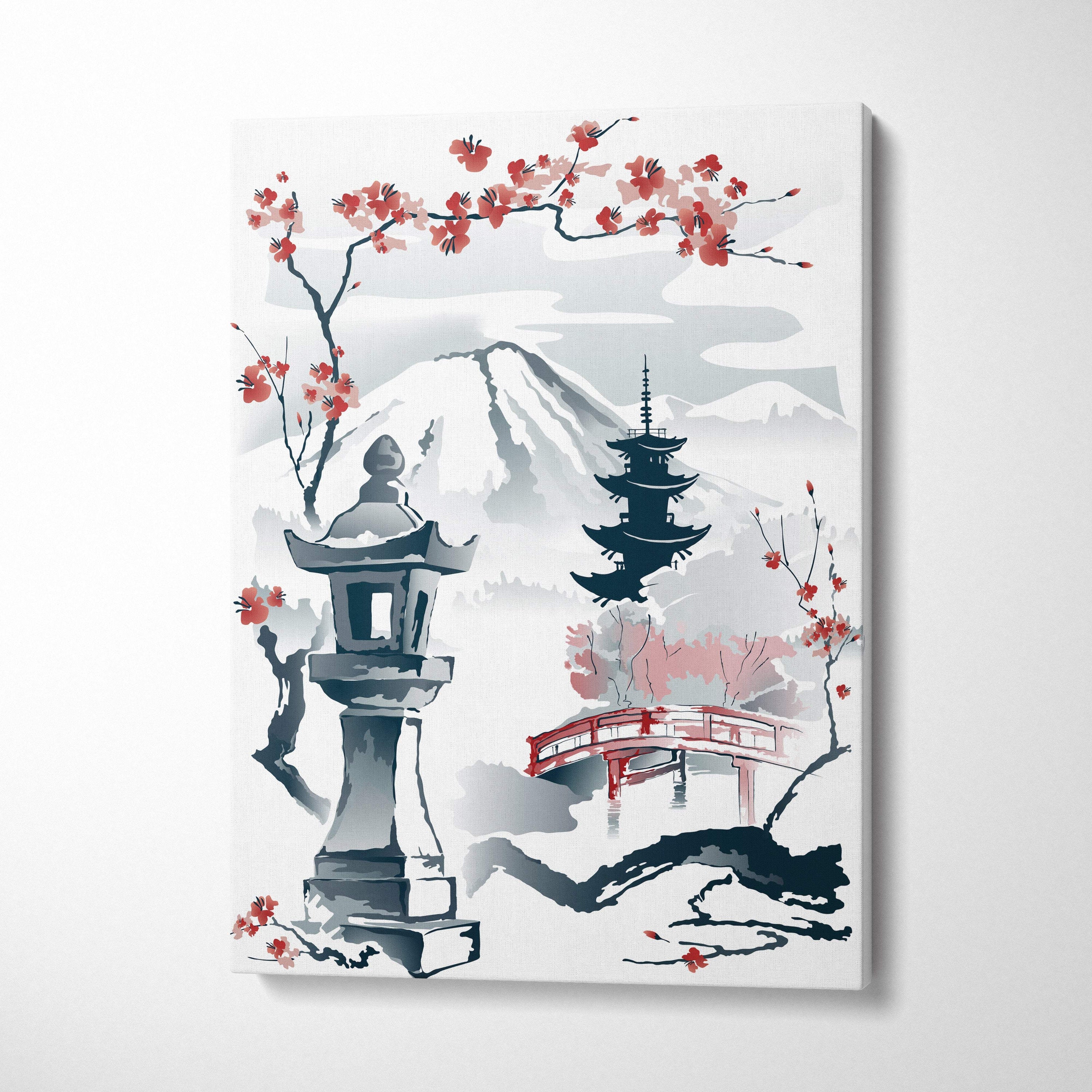 Minimalist canvas print of mount fuji japanese garden with red cherry blossoms pagoda and stone lantern in soft hues