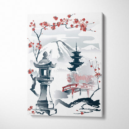 Minimalist canvas print of mount fuji japanese garden with red cherry blossoms pagoda and stone lantern in soft hues