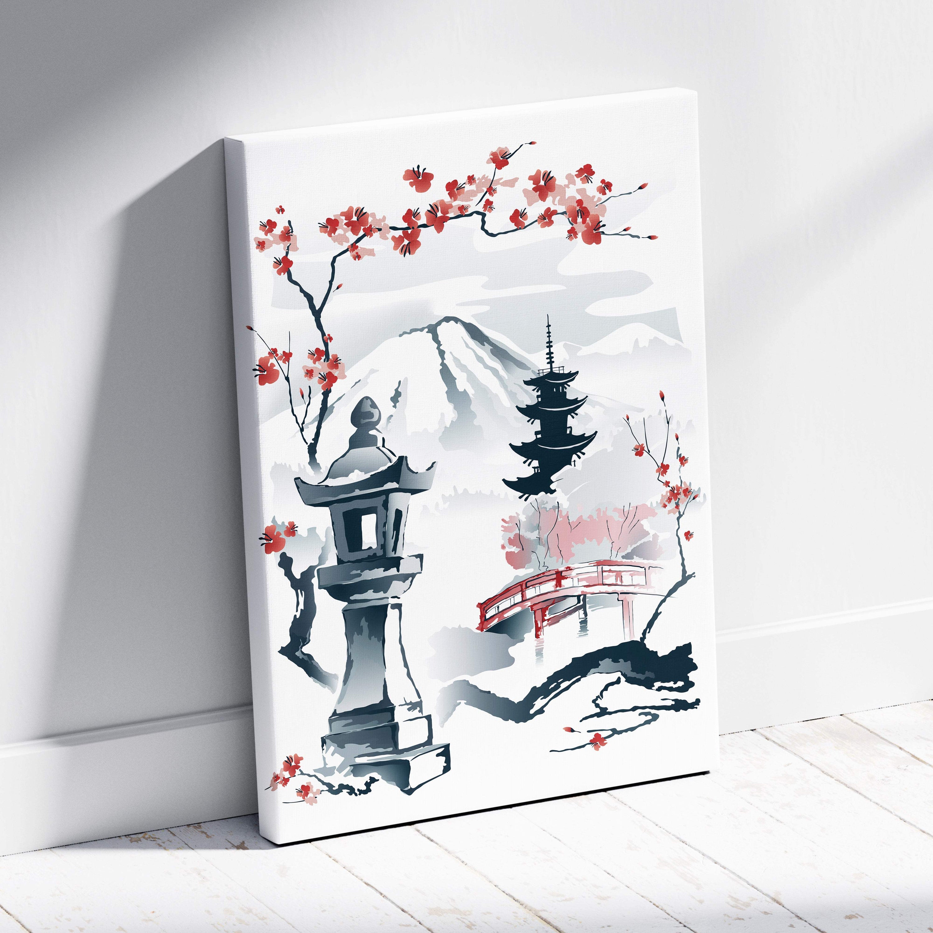 Minimalist Mount Fuji Japanese garden canvas print with red cherry blossoms black stone lantern and pagoda against mountains