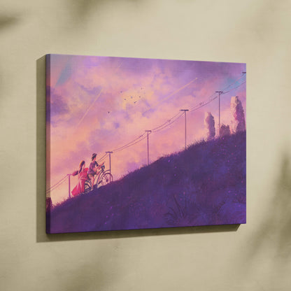 Pink purple anime bicycle canvas wall art print with two figures on a hill under a dreamy sunset sky for romantic rooms
