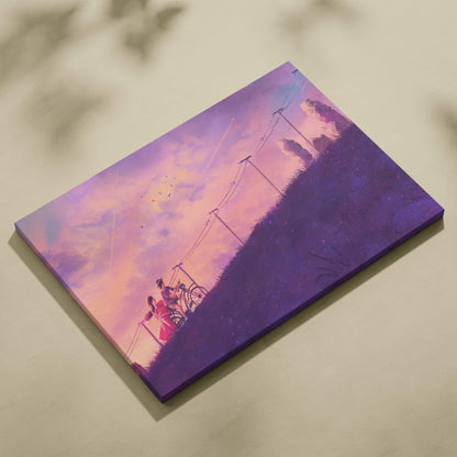 Pink purple anime bicycle canvas wall art print with whimsical figures and dreamy sunset sky for romantic or teen rooms