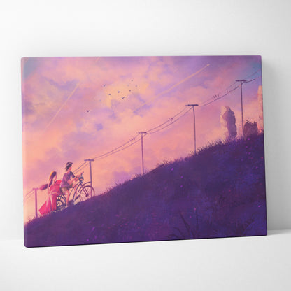 Pink purple anime bicycle canvas wall art print with two figures on a hill under a twilight sky for romantic rooms
