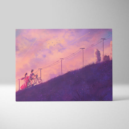 Pink purple anime bicycle canvas wall art print featuring two figures on a hill under a dreamy twilight sky