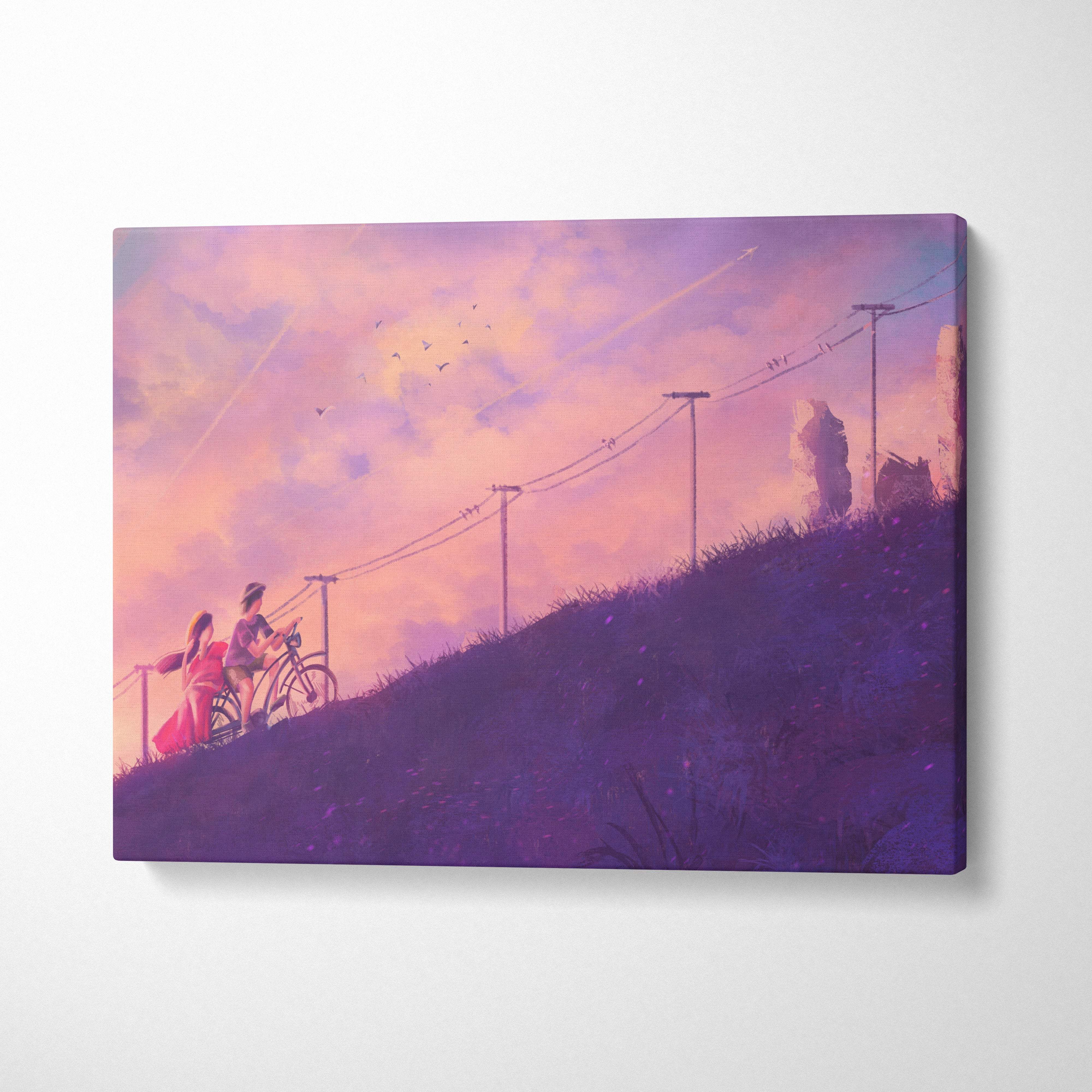 Pink purple anime bicycle canvas wall art print with two figures and bicycle on hill under dreamy sunset sky