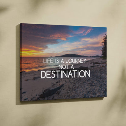 Beige canvas wall art with a sunset beach scene and life is a journey not a destination inspirational quote print