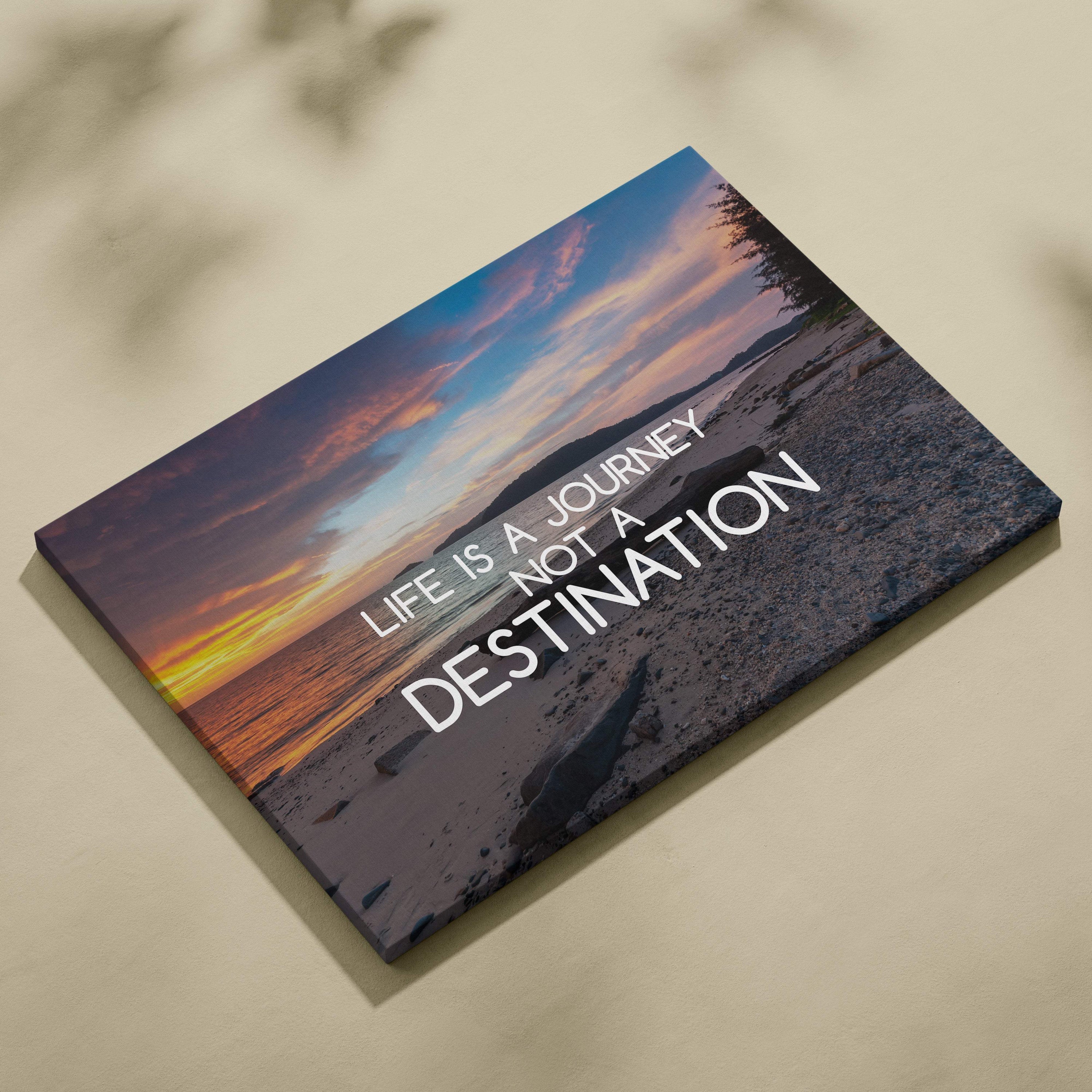 Rectangular canvas wall art with vibrant beach sunset and white inspirational life is a journey not a destination text