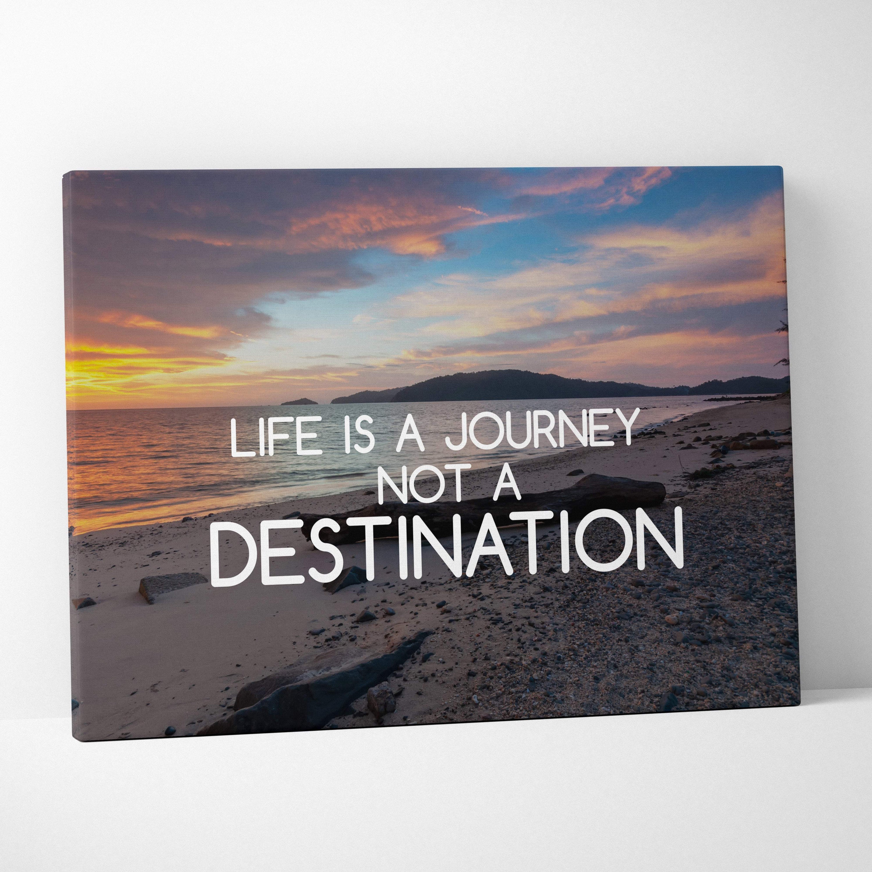 Motivational beach sunset canvas wall art with life is a journey not a destination white text on coastal photography print