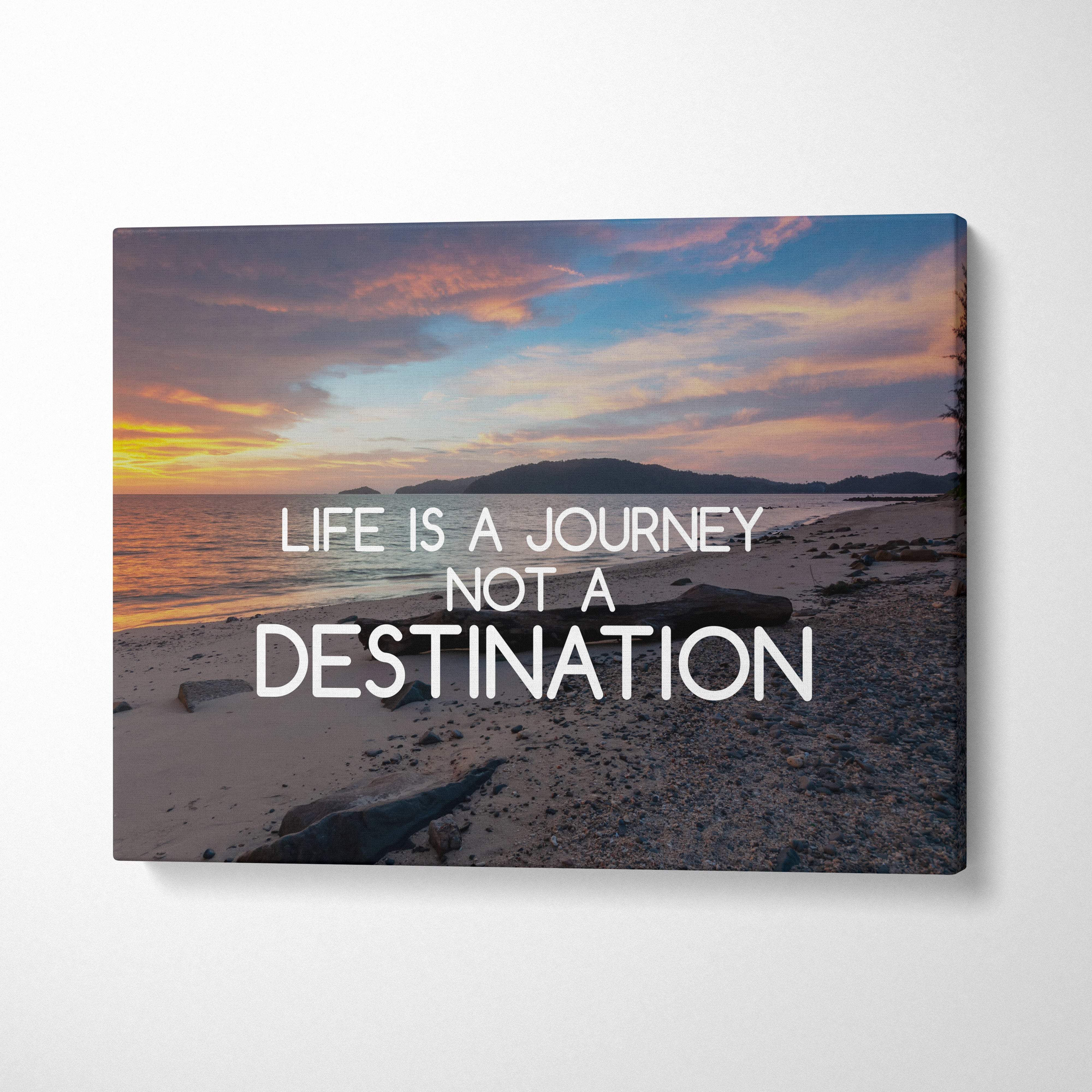 Beige canvas print featuring a sunset beach scene and the phrase life is a journey not a destination in white text