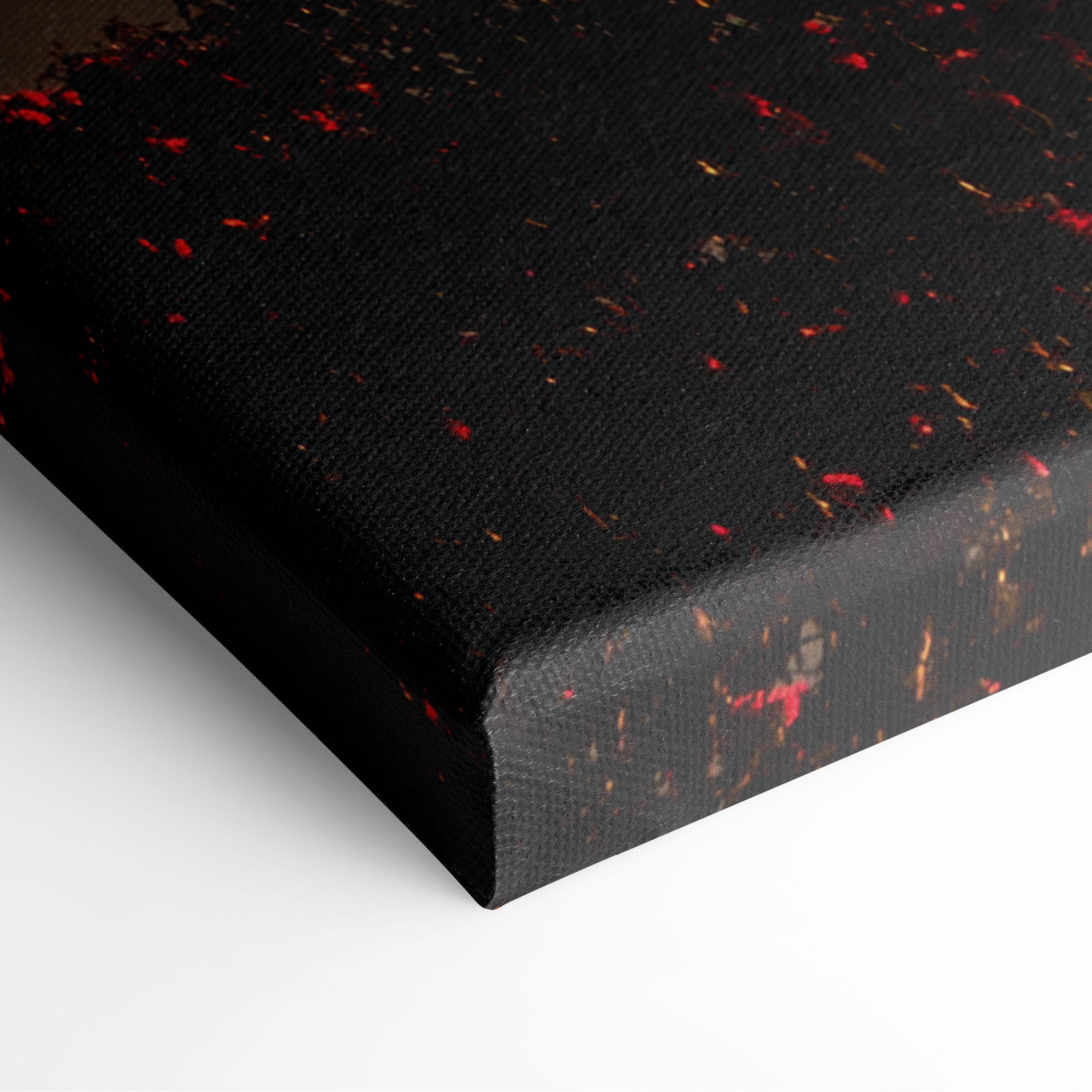 Black canvas print with red and gold paint splatters motivational mountain wall art patience is the key to success