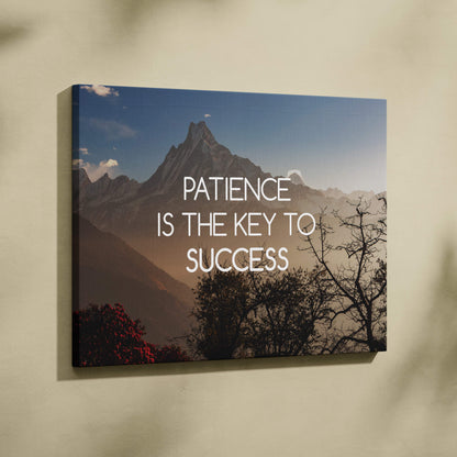 Motivational mountain canvas wall art with a nature landscape and white text patience is the key to success print