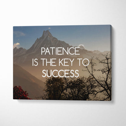 Motivational mountain canvas wall art with white patience is the key to success quote on nature landscape photo print