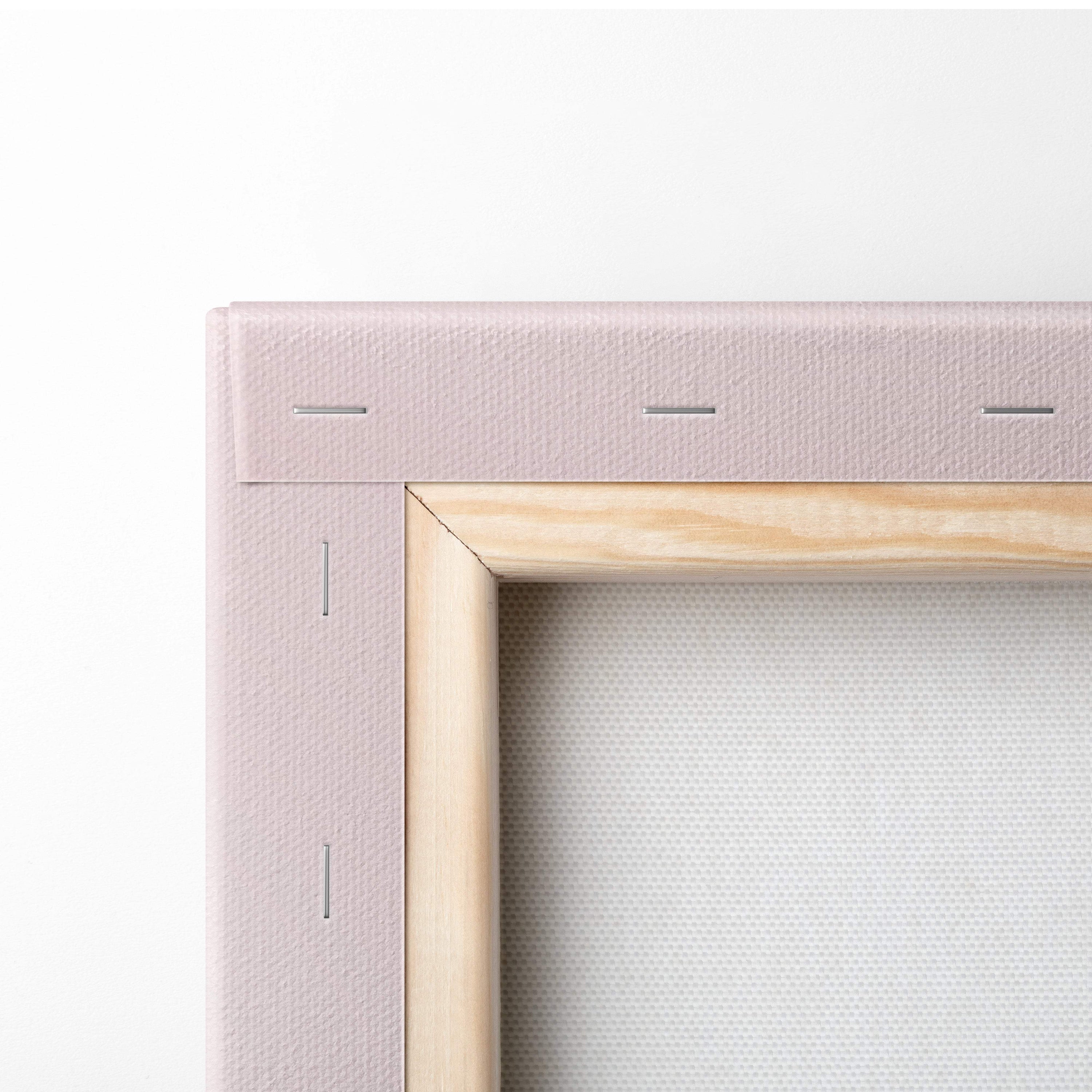 A blush pink canvas painting frame with light wood inner border for pink blossom mountain landscape wall art