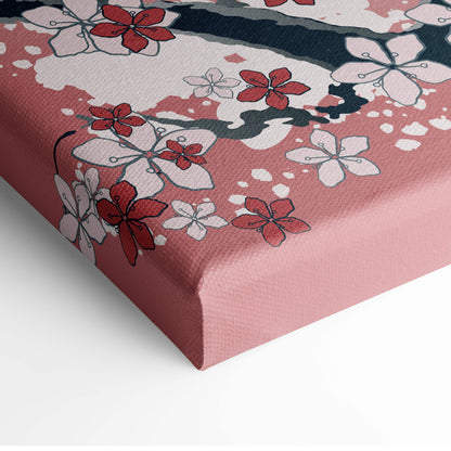 Pink canvas print featuring stylized red and white cherry blossoms in an asian ink painting style for wall art