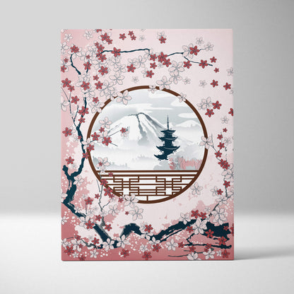 Pink canvas wall art featuring a circular window with mount fuji pagoda and cherry blossoms in serene asian ink style