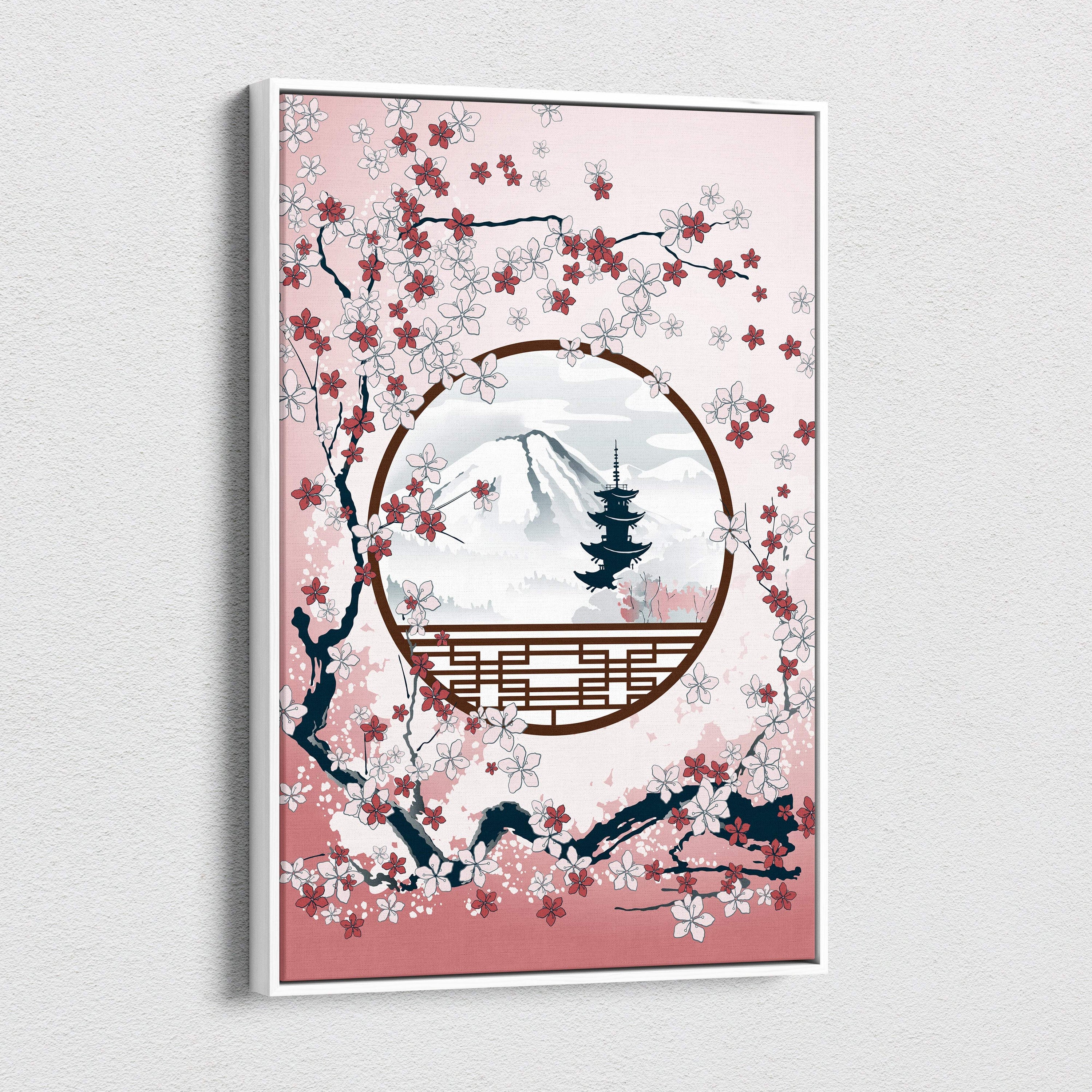 A framed pink blossom mountain landscape canvas wall art featuring a circular window view of mount fuji and pagoda