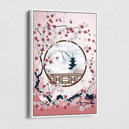 A framed pink blossom mountain landscape canvas wall art featuring a circular window view of mount fuji and pagoda