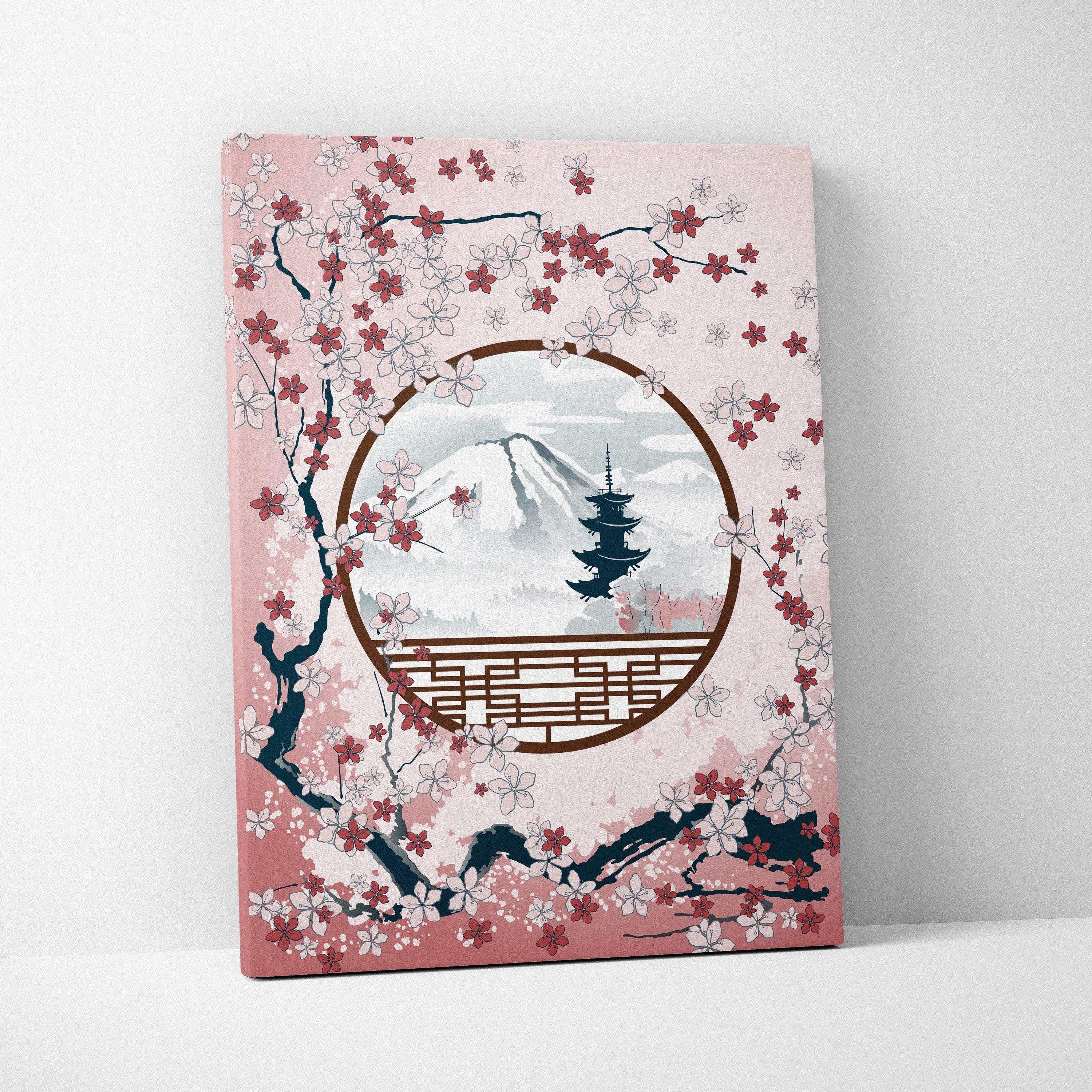 Pink blossom mountain landscape canvas wall art featuring a circular window with mount fuji pagoda and cherry blossoms