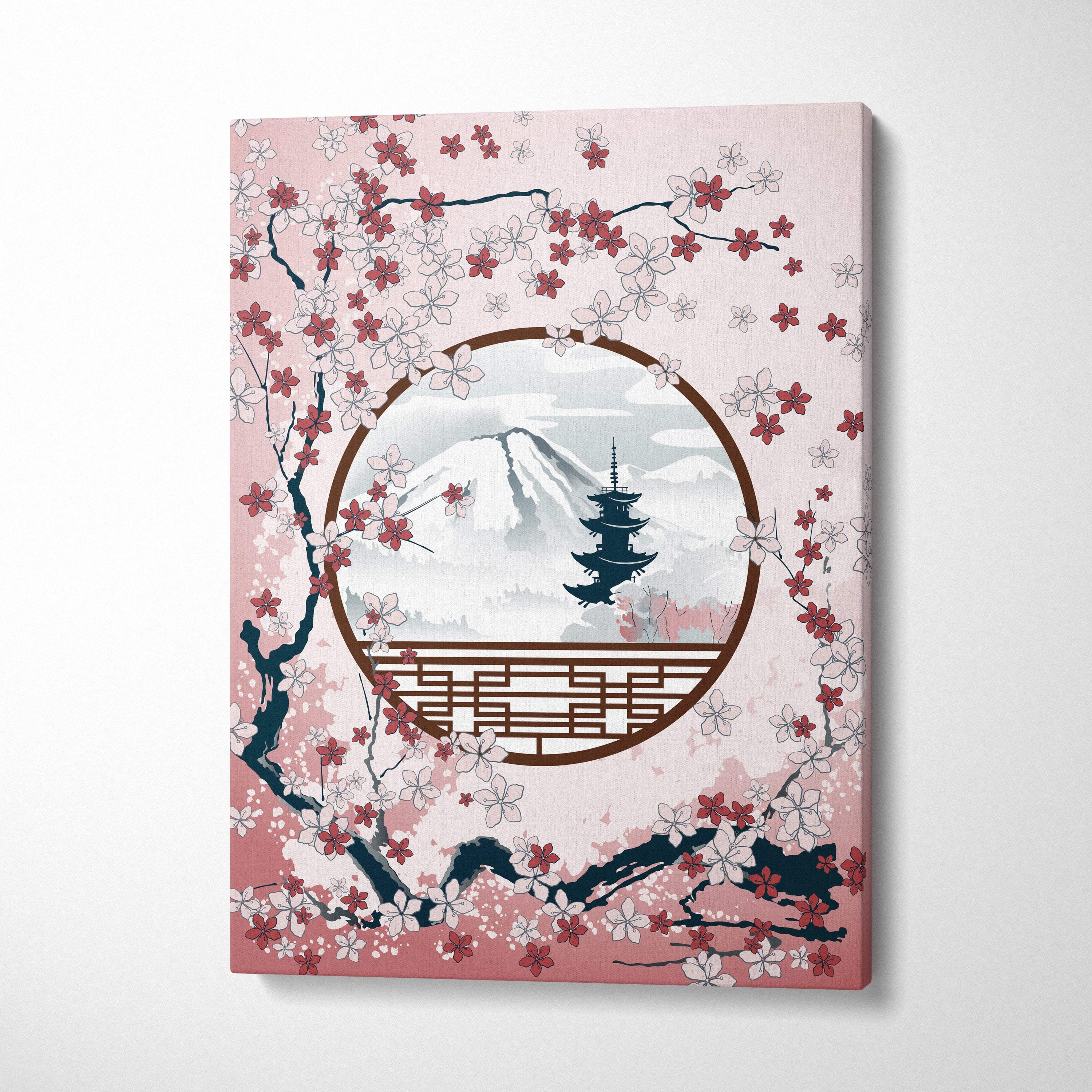 Pink canvas print featuring circular window frame with pink and white cherry blossoms framing snowy mount fuji and pagoda