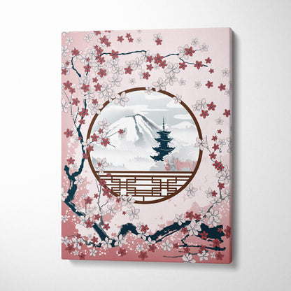 Pink canvas print featuring circular window frame with pink and white cherry blossoms framing snowy mount fuji and pagoda