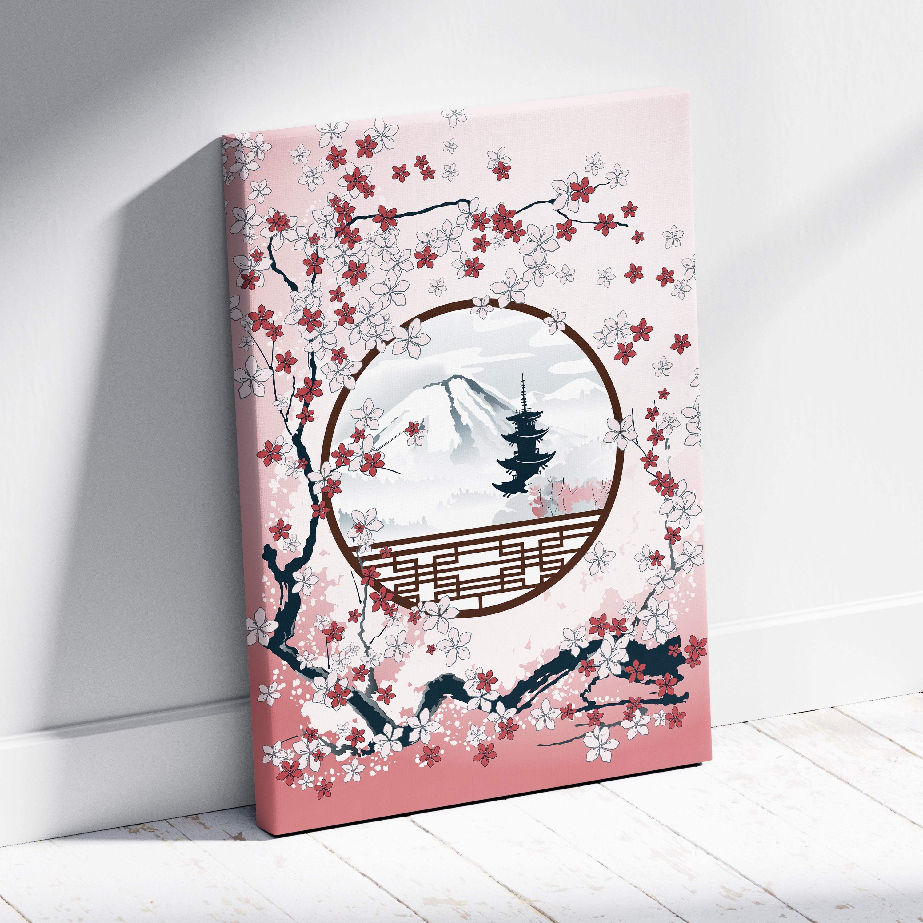 Pink canvas wall art featuring a circular window design with cherry blossoms framing mount fuji and a pagoda silhouette
