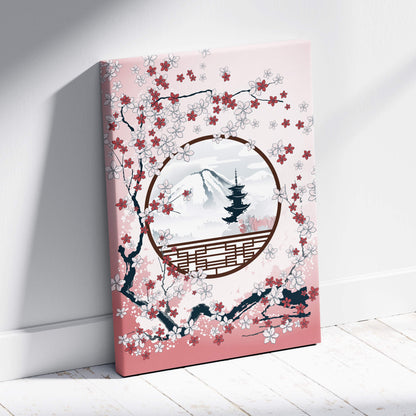 Pink canvas wall art featuring a circular window design with cherry blossoms framing mount fuji and a pagoda silhouette