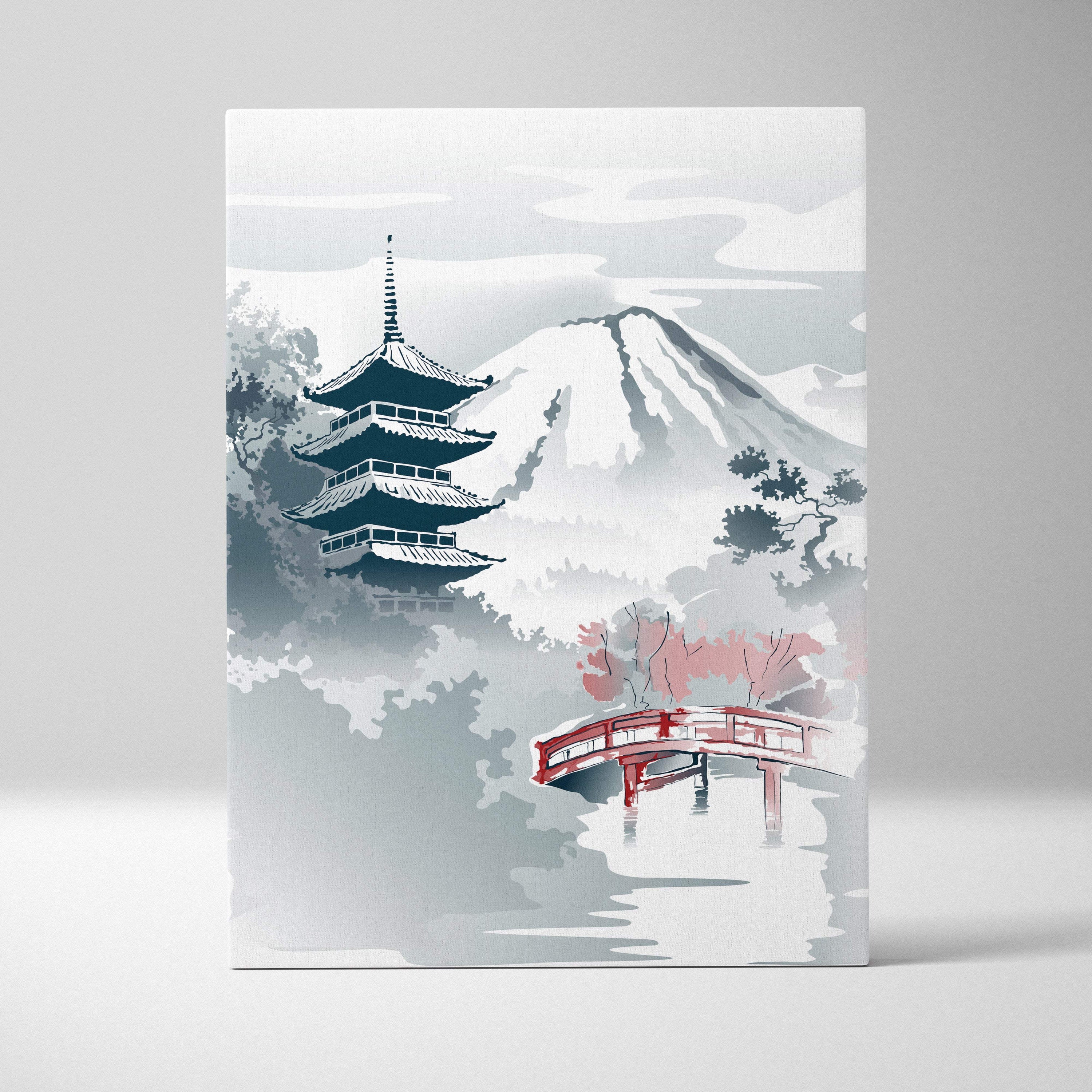 Minimalist canvas wall art featuring a gray and red Japanese pagoda with Mount Fuji and cherry blossoms in soft watercolor hues