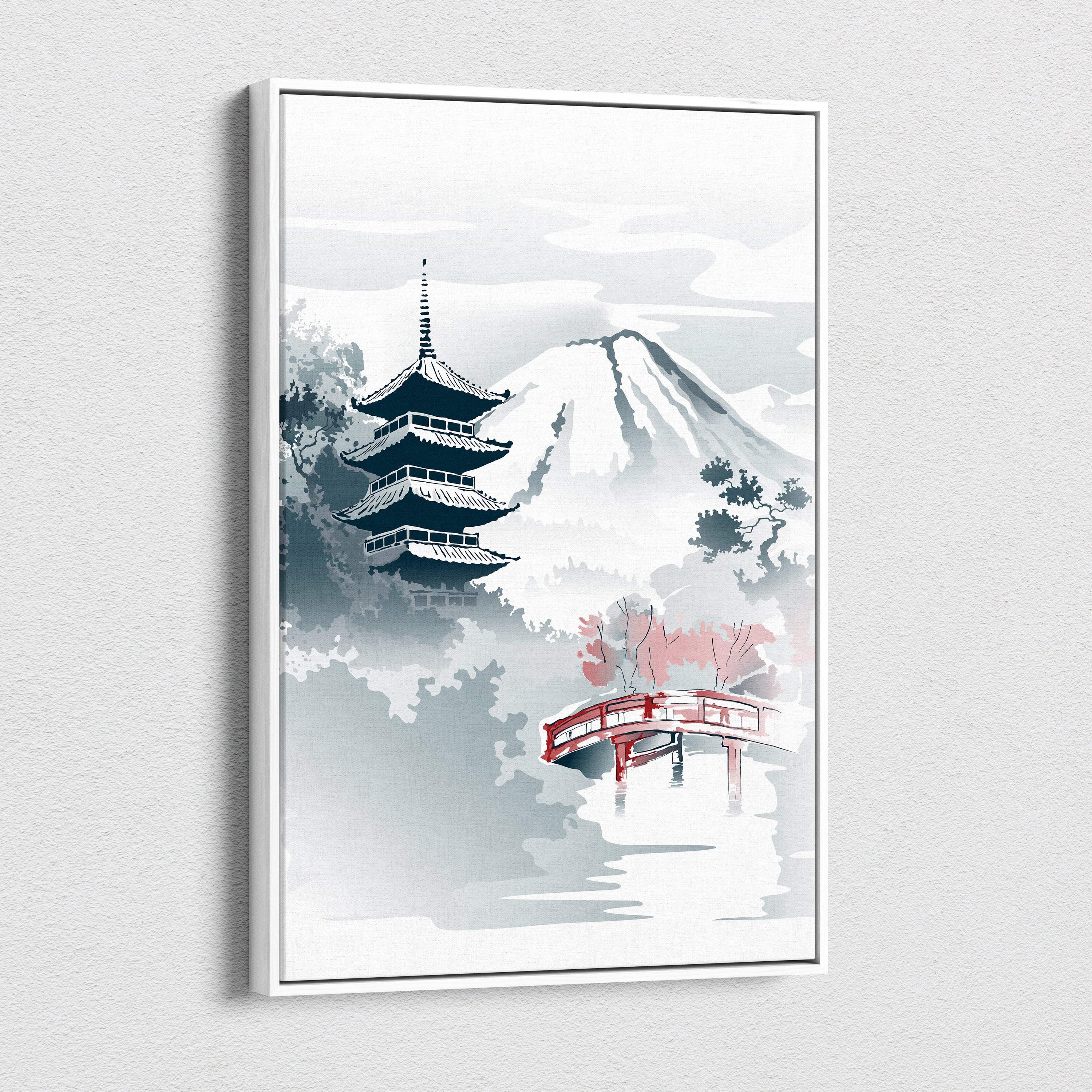 A framed canvas print of a serene japanese landscape with a red bridge pagoda and snow capped mountains in gray and red tones