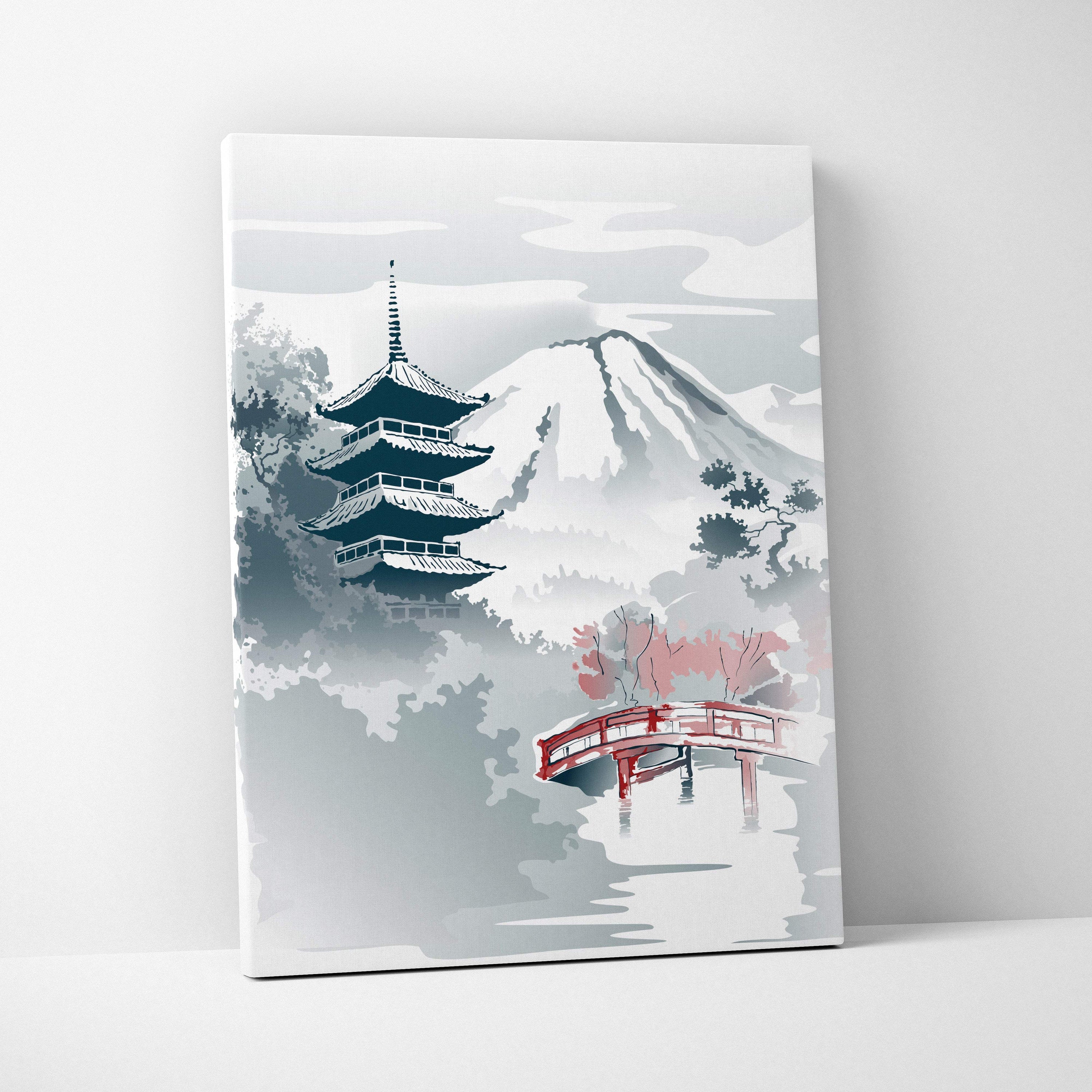 Mount fuji pagoda canvas wall art featuring a minimalist japanese pagoda snow mountain and red bridge in gray and pink tones