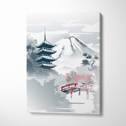 Mount fuji pagoda canvas wall art with gray red japanese ink style featuring pagoda snow mountain and zen bridge design
