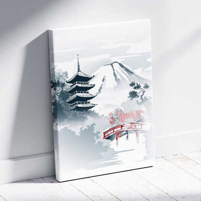Mount fuji pagoda canvas wall art with minimalist japanese ink painting of pagoda mountain and red bridge in gray and pink hues