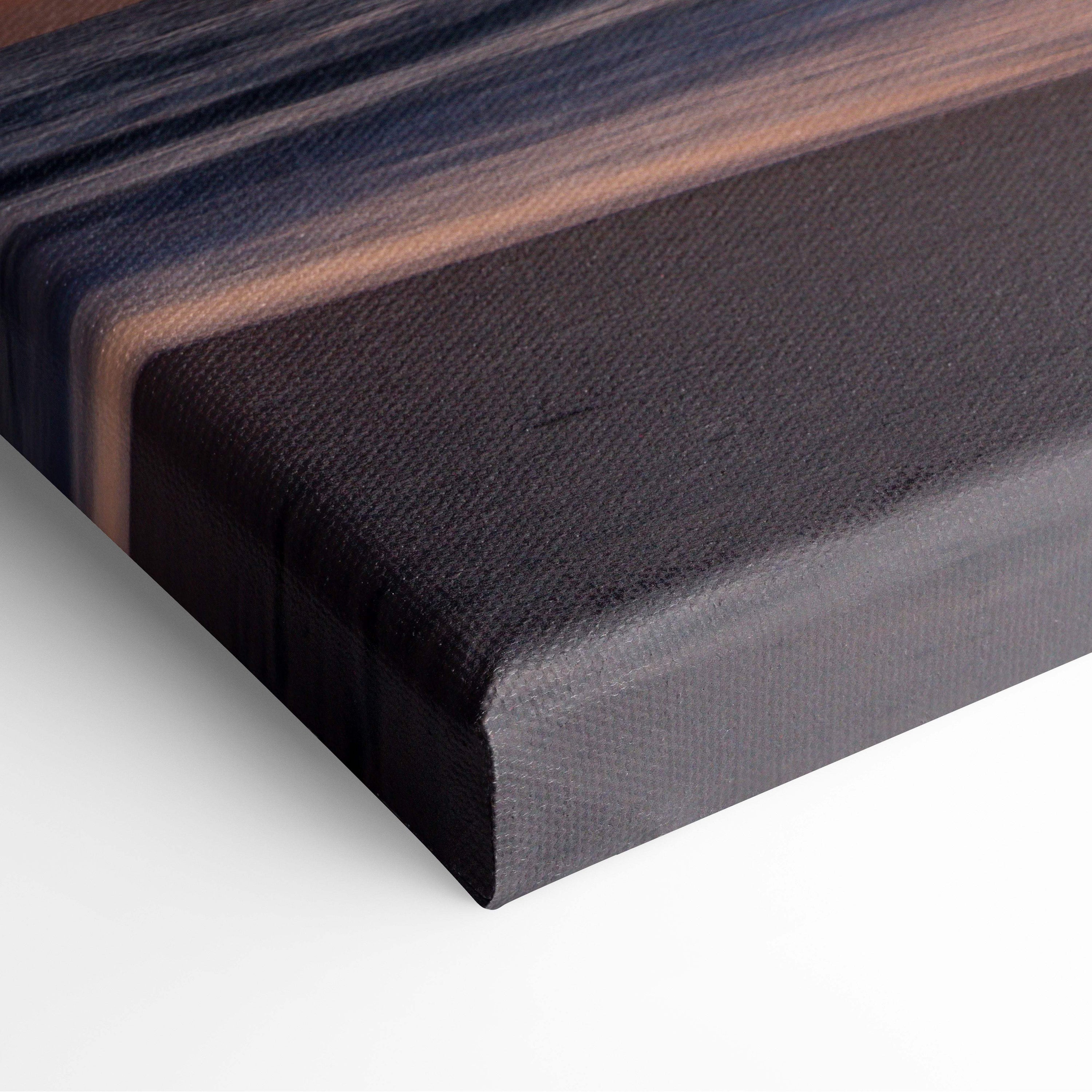 Black canvas print with textured surface and horizontal stripes in dark navy deep brown and copper tones for coastal wall decor