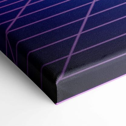 A deep navy canvas print with a geometric pattern of intersecting purple lines vaporwave neon grid art print
