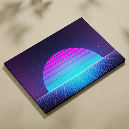 Vaporwave neon grid sunset canvas art print with vibrant pink purple teal gradient sunset over glowing retro 80s landscape