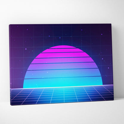 Vaporwave neon grid sunset canvas art print featuring a retro 80s synthwave gradient sunset over a blue pink grid landscape