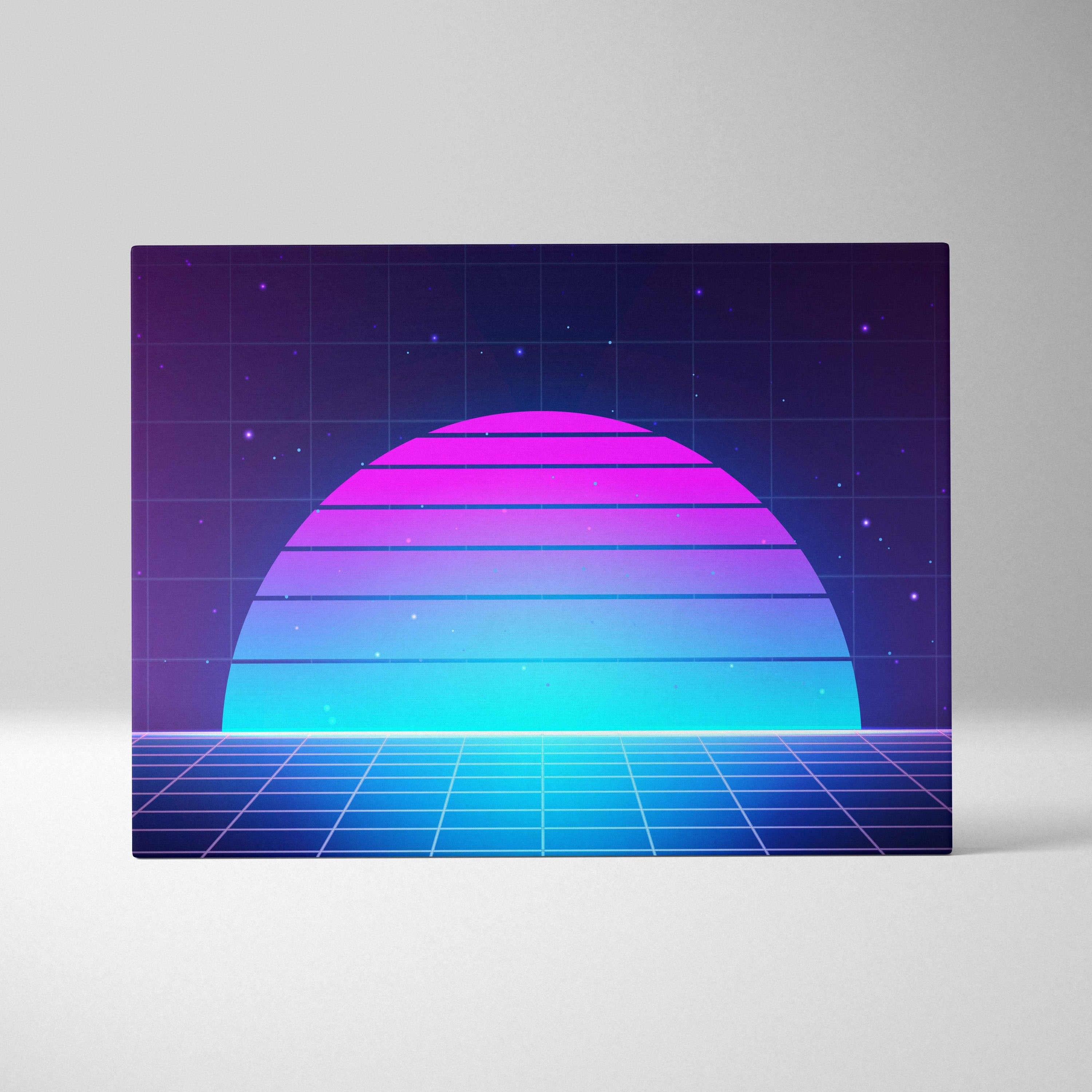 Vaporwave neon grid sunset canvas art print with neon pink to cyan sun and purple grid sky and floor wall decor