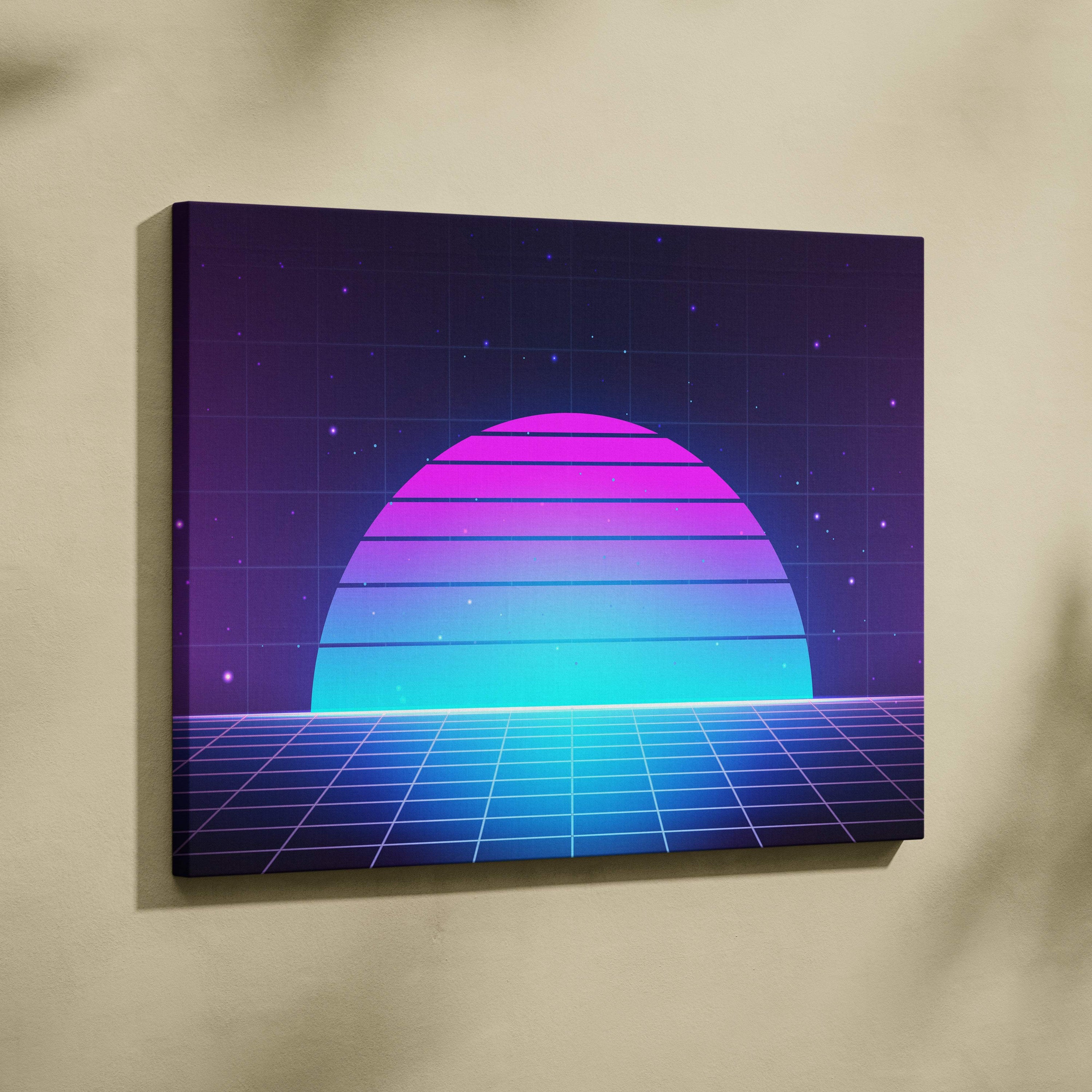 Vaporwave neon grid sunset canvas art print with vibrant pink purple teal gradient and starry retrowave 80s backdrop