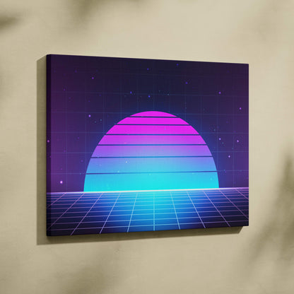 Vaporwave neon grid sunset canvas art print with vibrant pink purple teal gradient and starry retrowave 80s backdrop