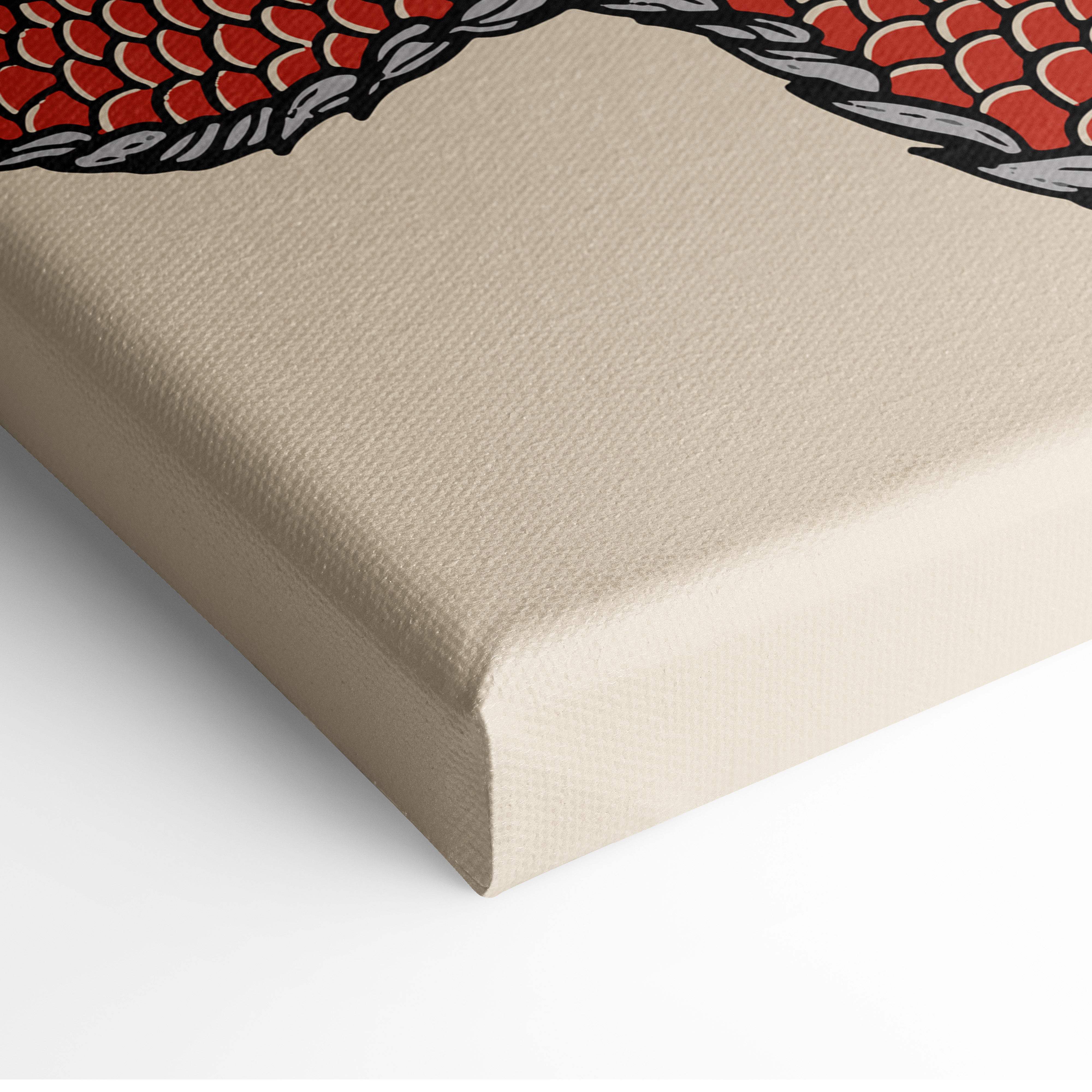 Beige canvas print featuring a bold red and black scale pattern in red japanese dragon wall art for gaming room decor