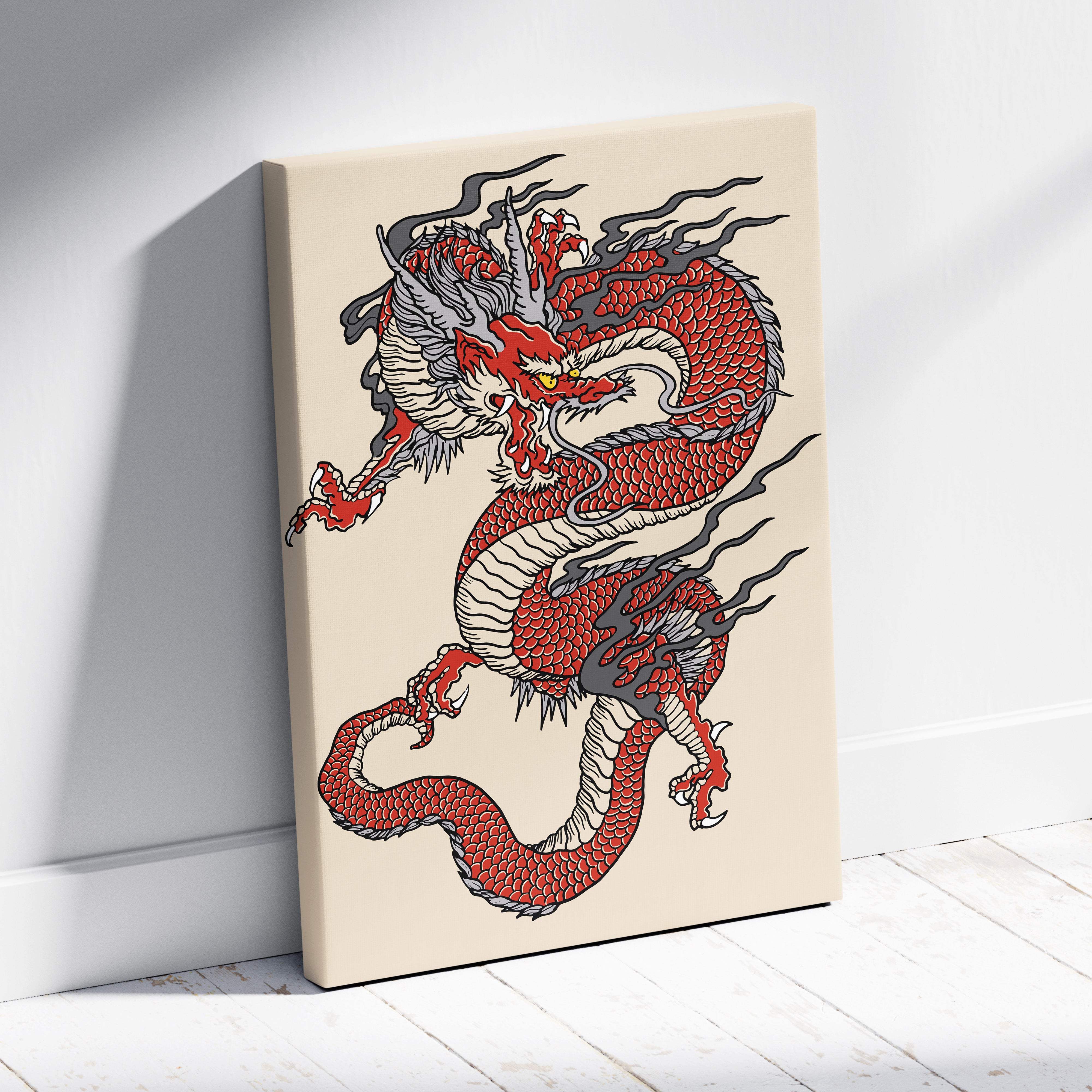 Red japanese dragon tattoo style illustration in red and white on beige canvas for gaming room zen decor