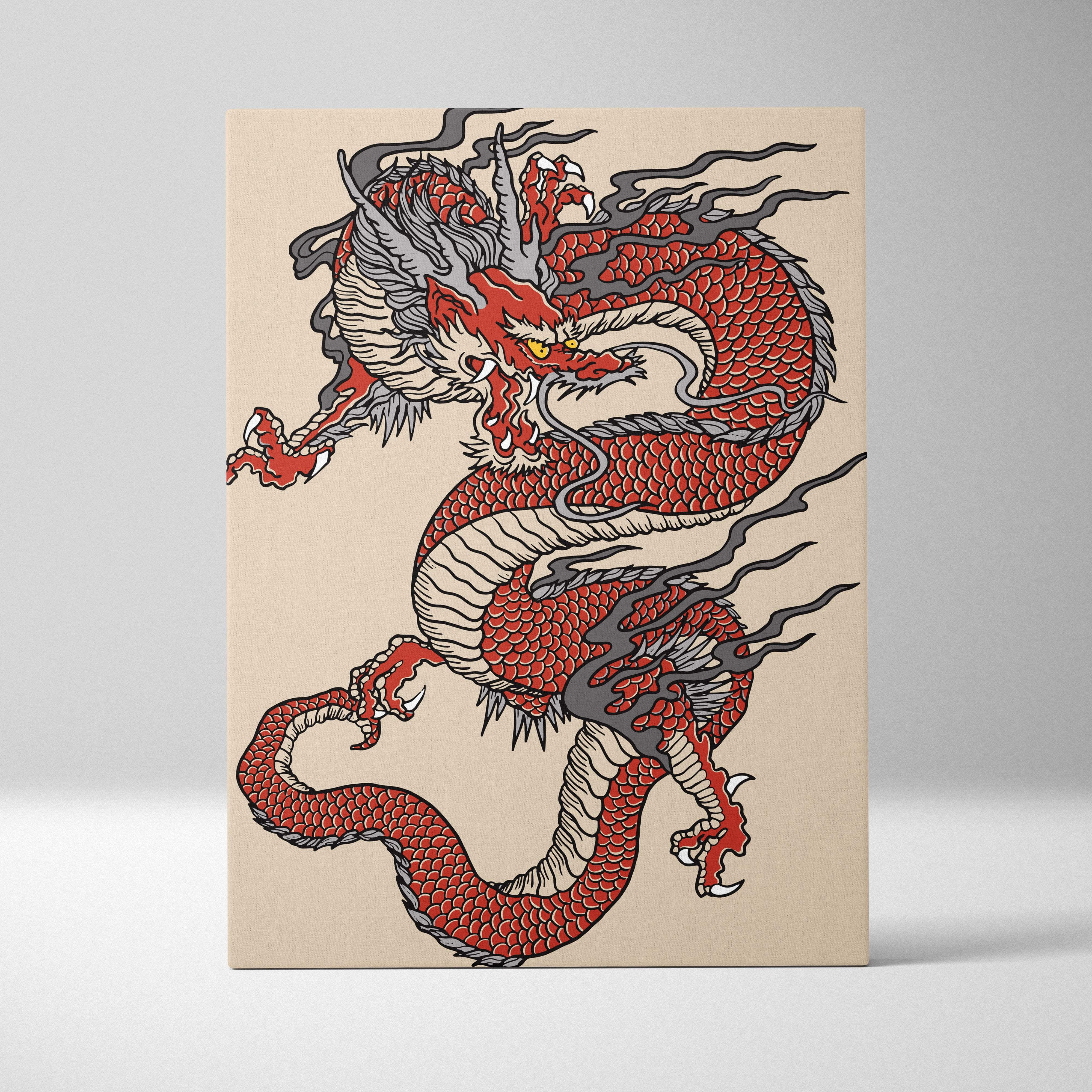 Red japanese dragon canvas wall art featuring vibrant red and white scales on beige for gaming room zen decor