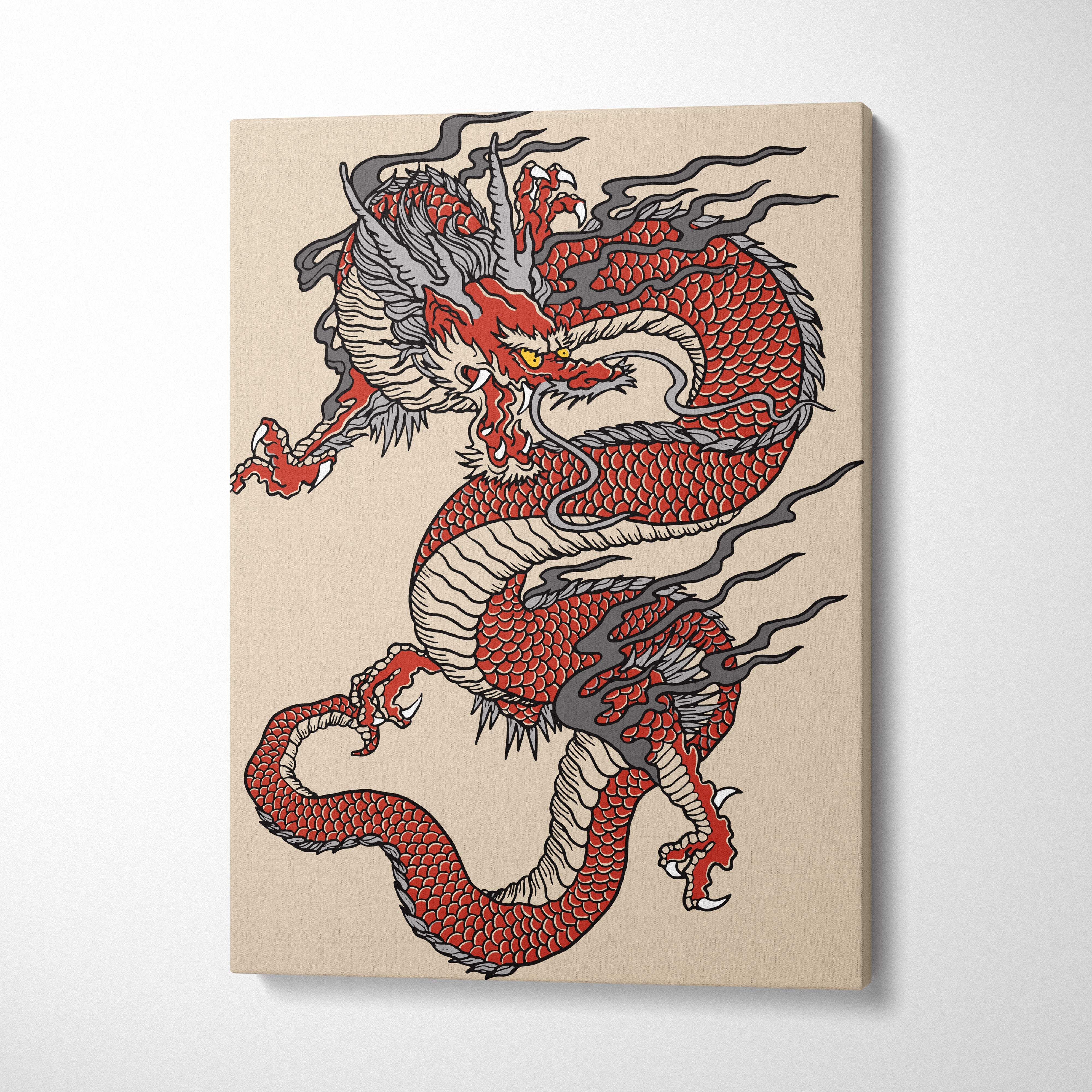 Red Japanese dragon canvas wall art features vibrant red and white tattoo-style design with gray smoke on beige background