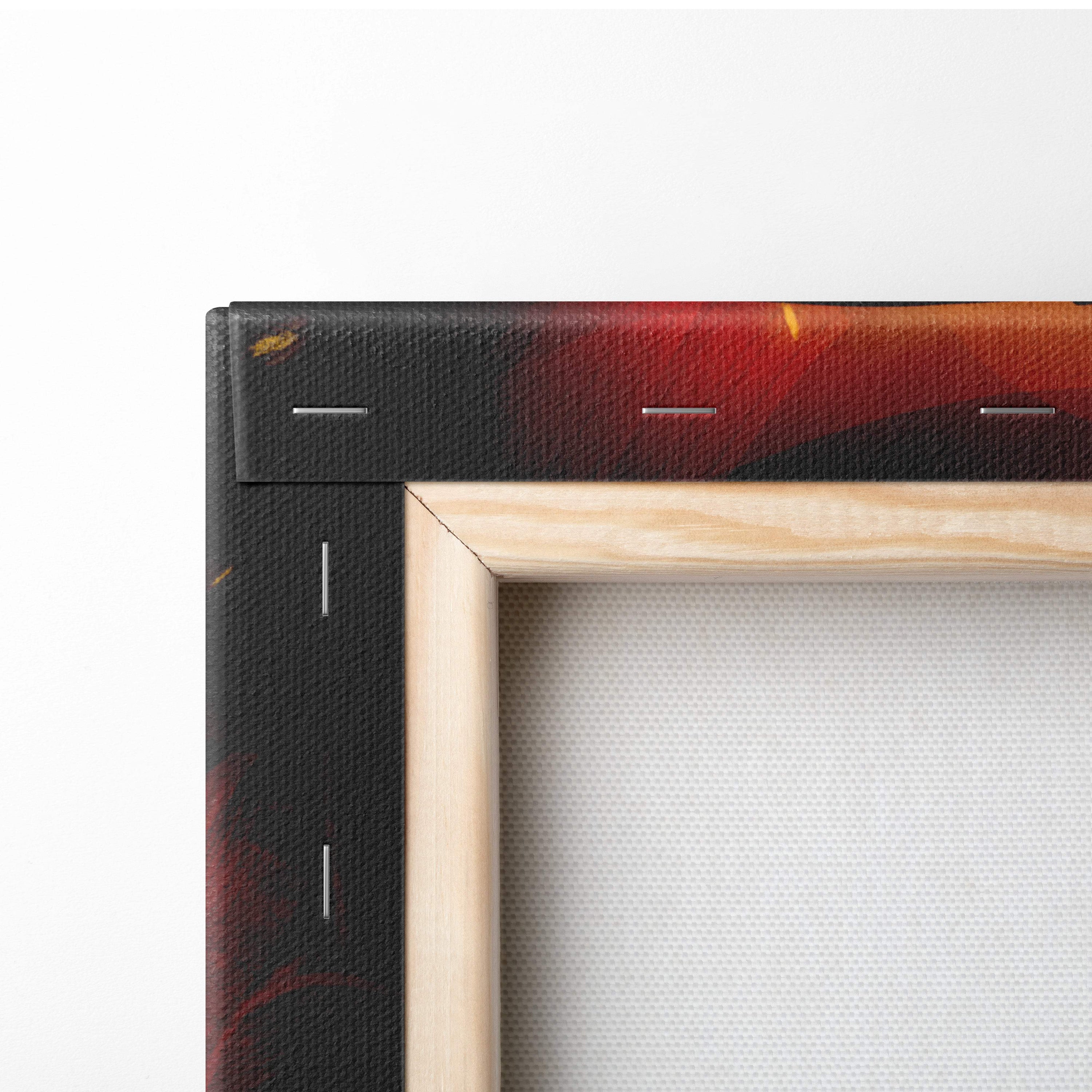 Light-colored wooden frame dark fallen angel warrior canvas wall art with black canvas border and fiery red-orange abstract design