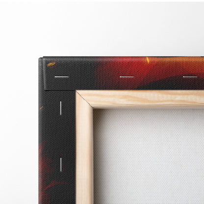 Light-colored wooden frame dark fallen angel warrior canvas wall art with black canvas border and fiery red-orange abstract design